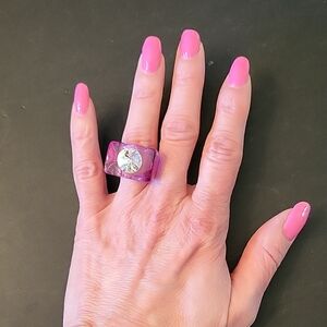 Glam Purple Acrylic Clear-Stone Cocktail/Disco Ring, Size 7